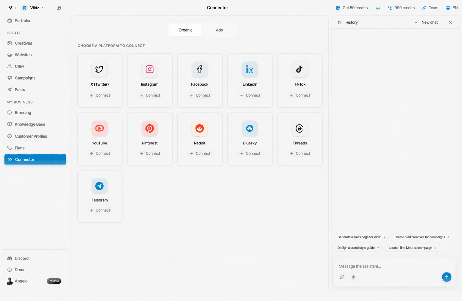 Vibiz's interface for social media authentication