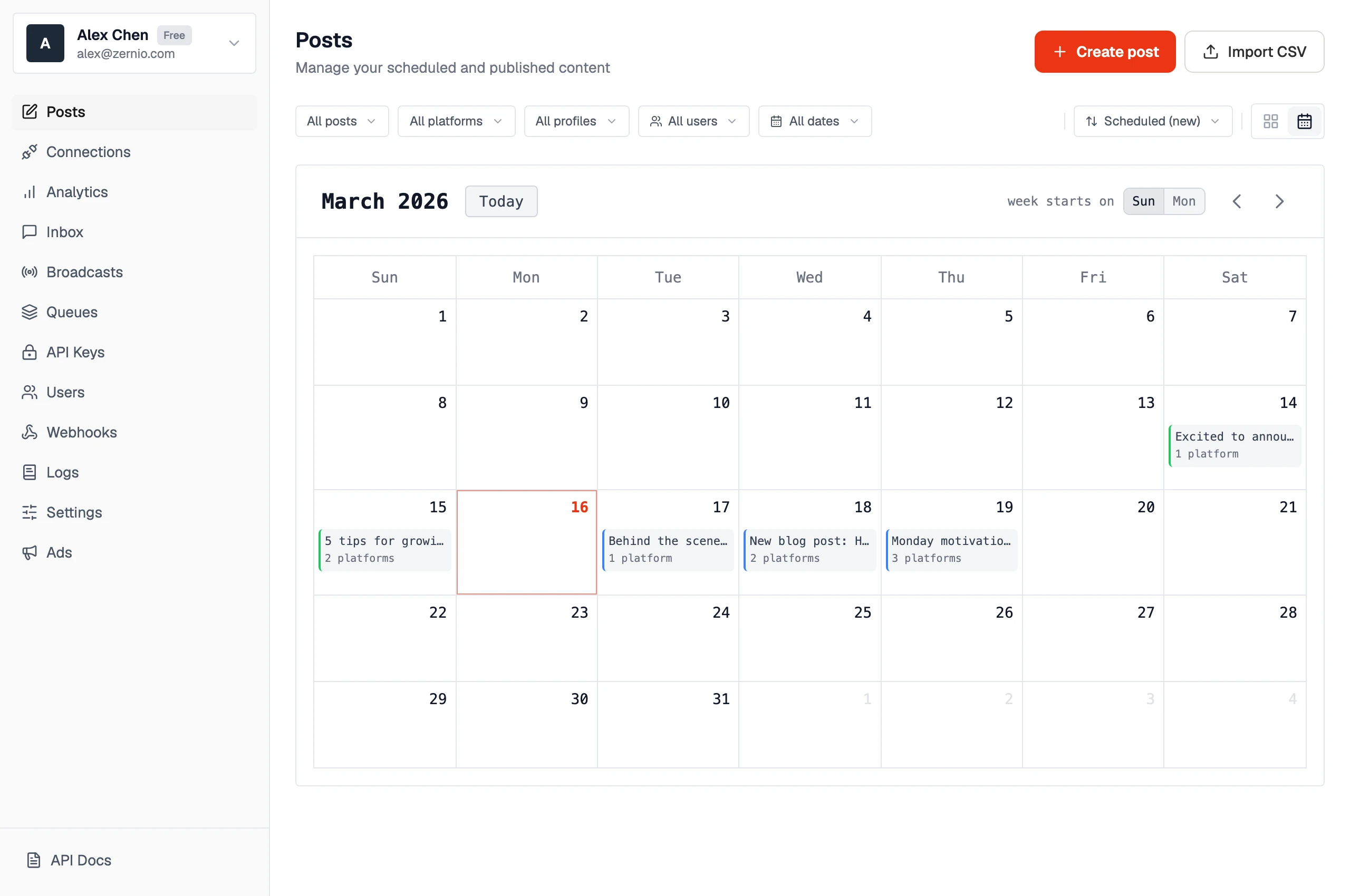 Zernio dashboard
