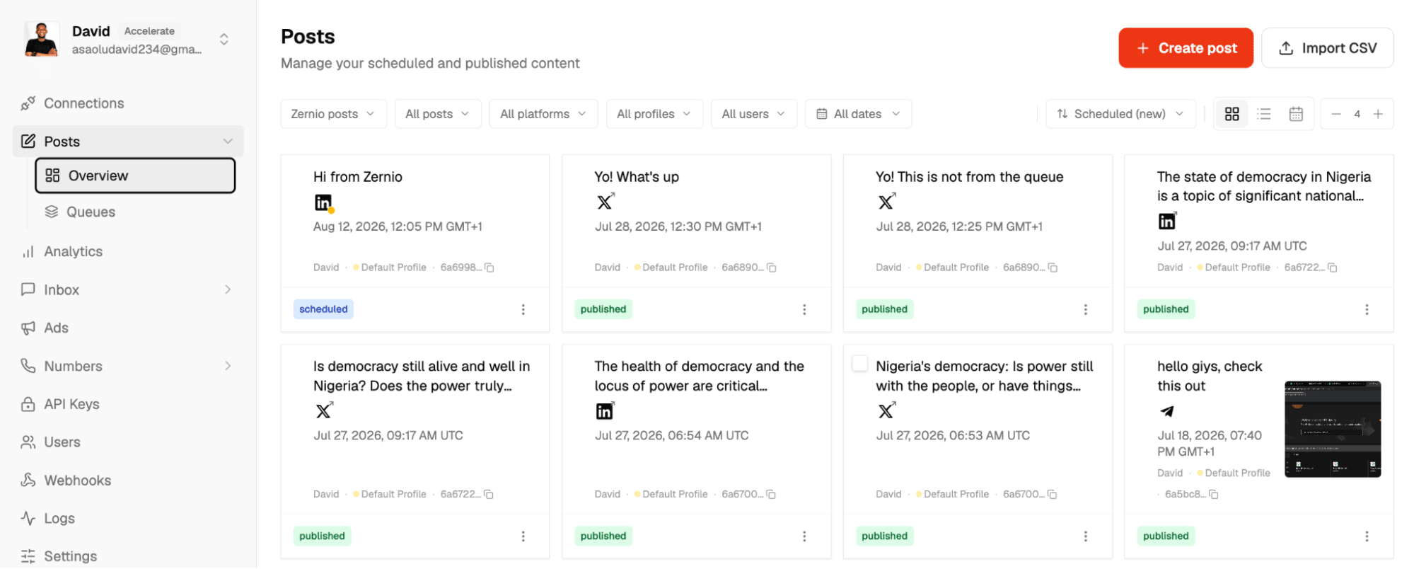 Find Scheduled LinkedIn Posts via Zernio