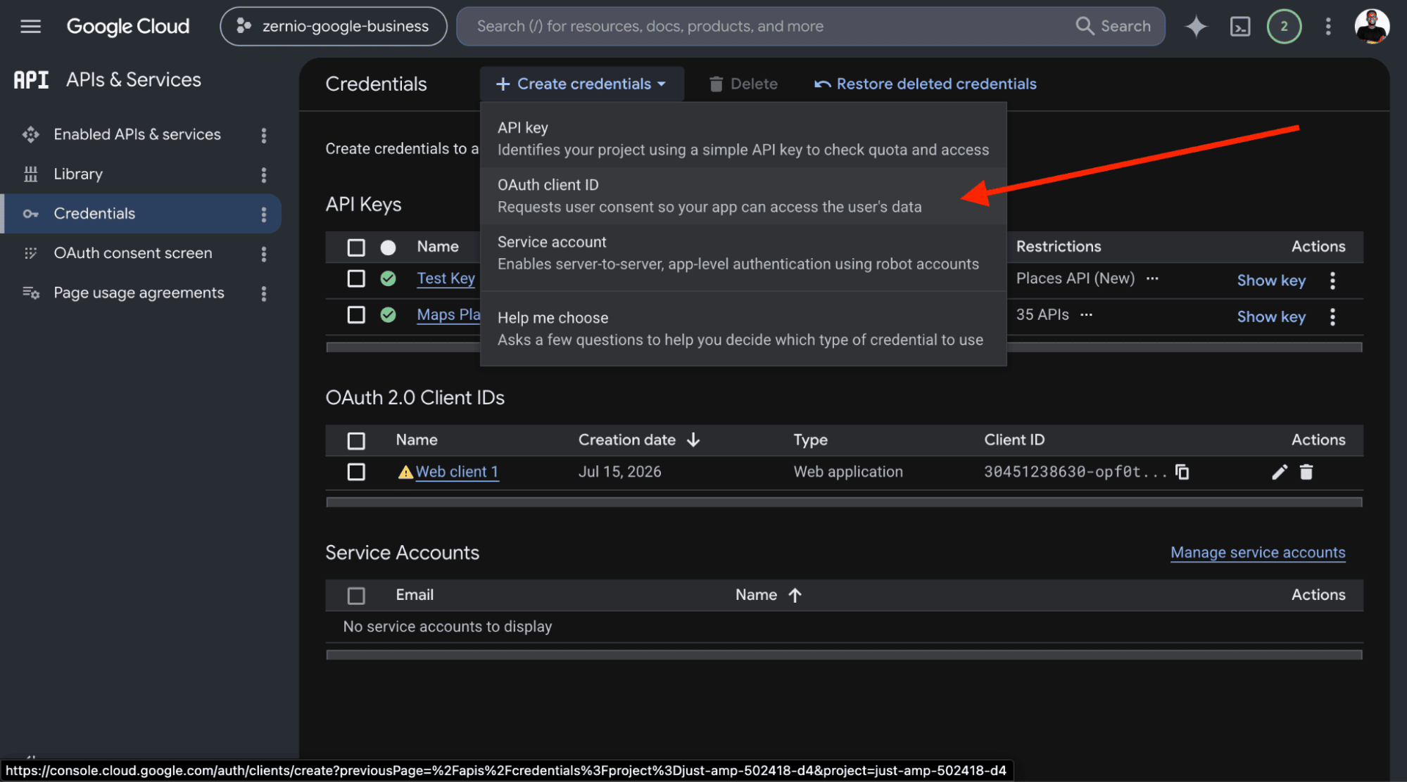 create OAuth client ID in google business