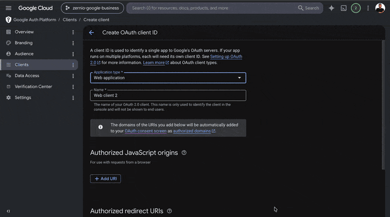 create OAuth client in Google Business API