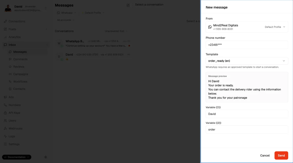 send WhatsApp message template via Zernio