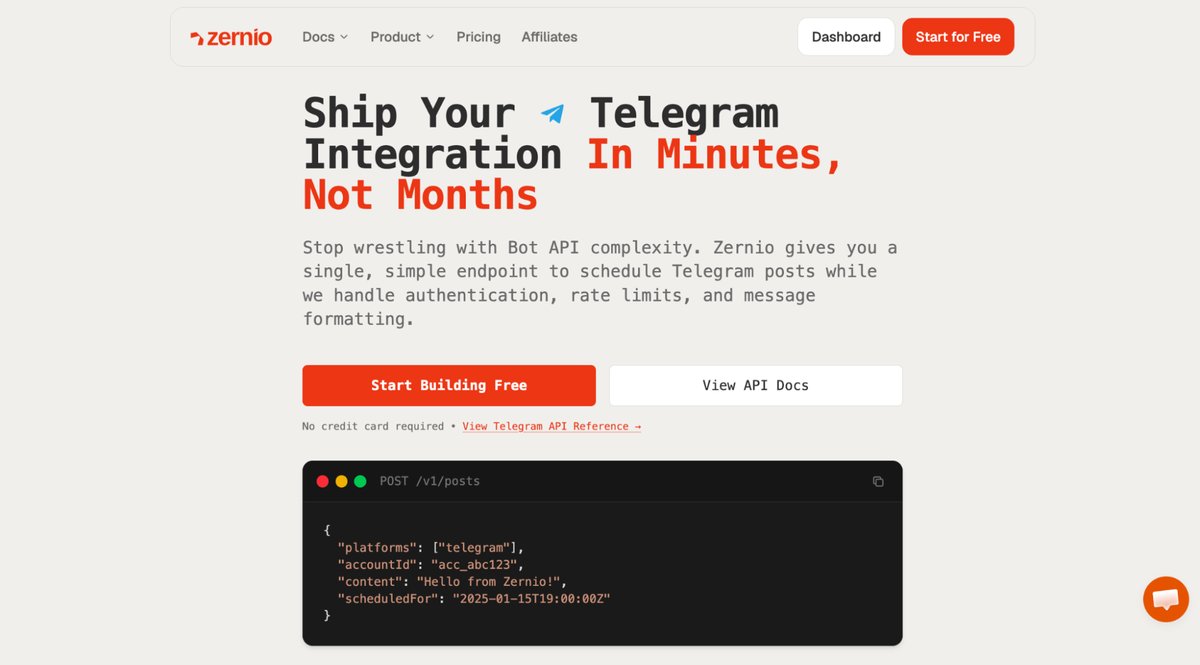 Zernio provides Telegram API for developers