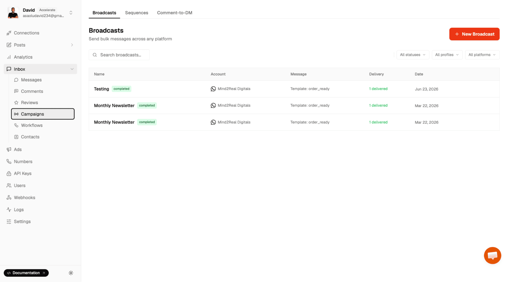 create WhatsApp broadcast in Zernio