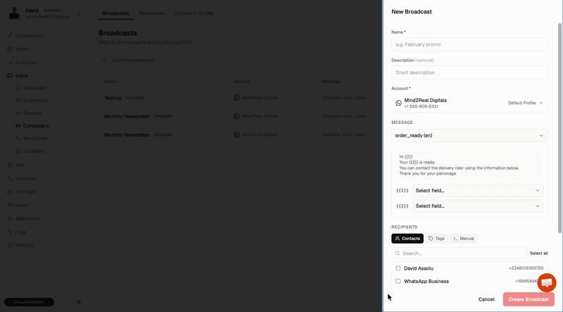 how to create WhatsApp broadcast in Zernio