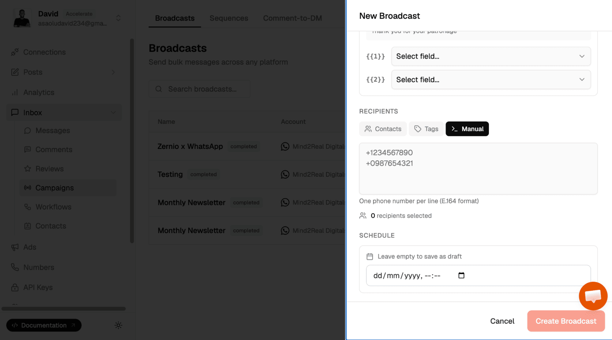 setup audience for WhatsApp broadcast in Zernio