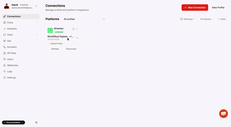 whatsapp account connected to Zernio