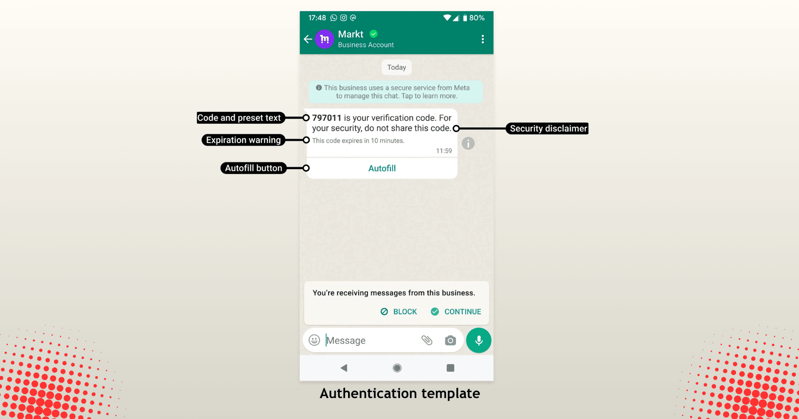 WhatsApp marketing template example showing Lucky Shrub promotional message with View deals, Call us, and Unsubscribe buttons
