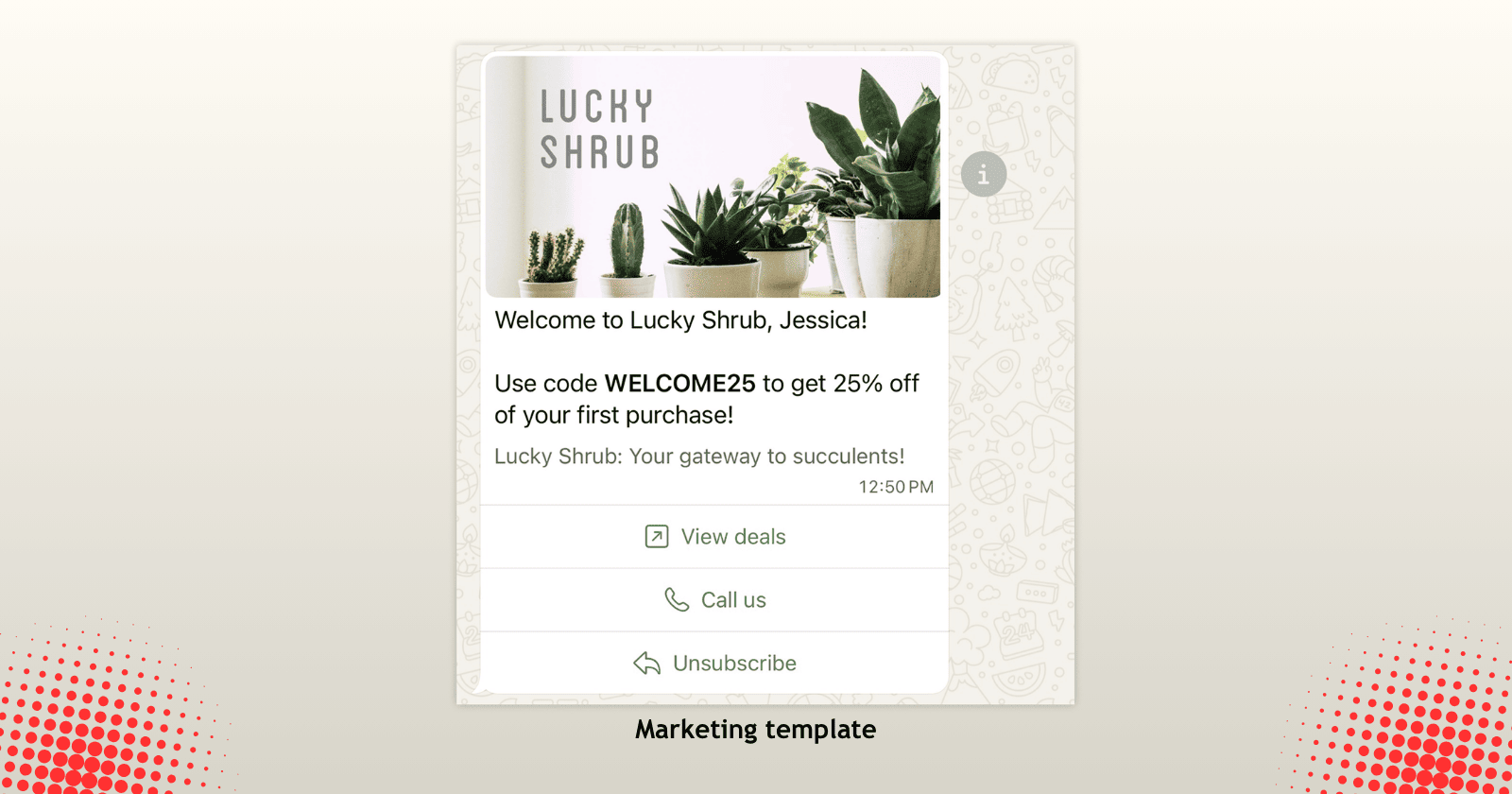 WhatsApp utility template example showing Lucky Shrub Eatery reservation confirmation with header, body, footer, and action buttons