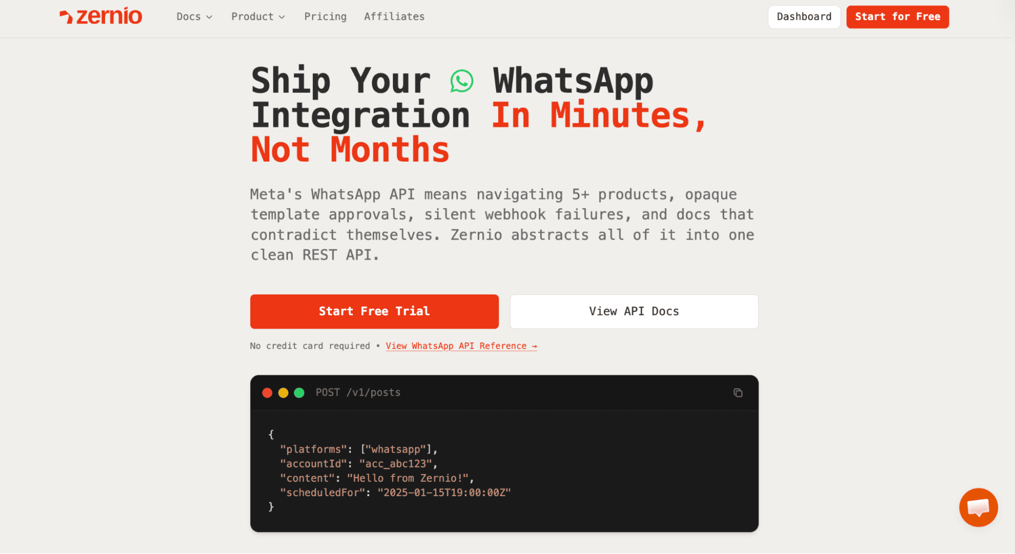 Zernio dashboard showing WhatsApp API integration with unified social media management