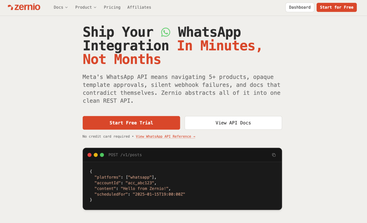 Zernio has official WhatsApp API support