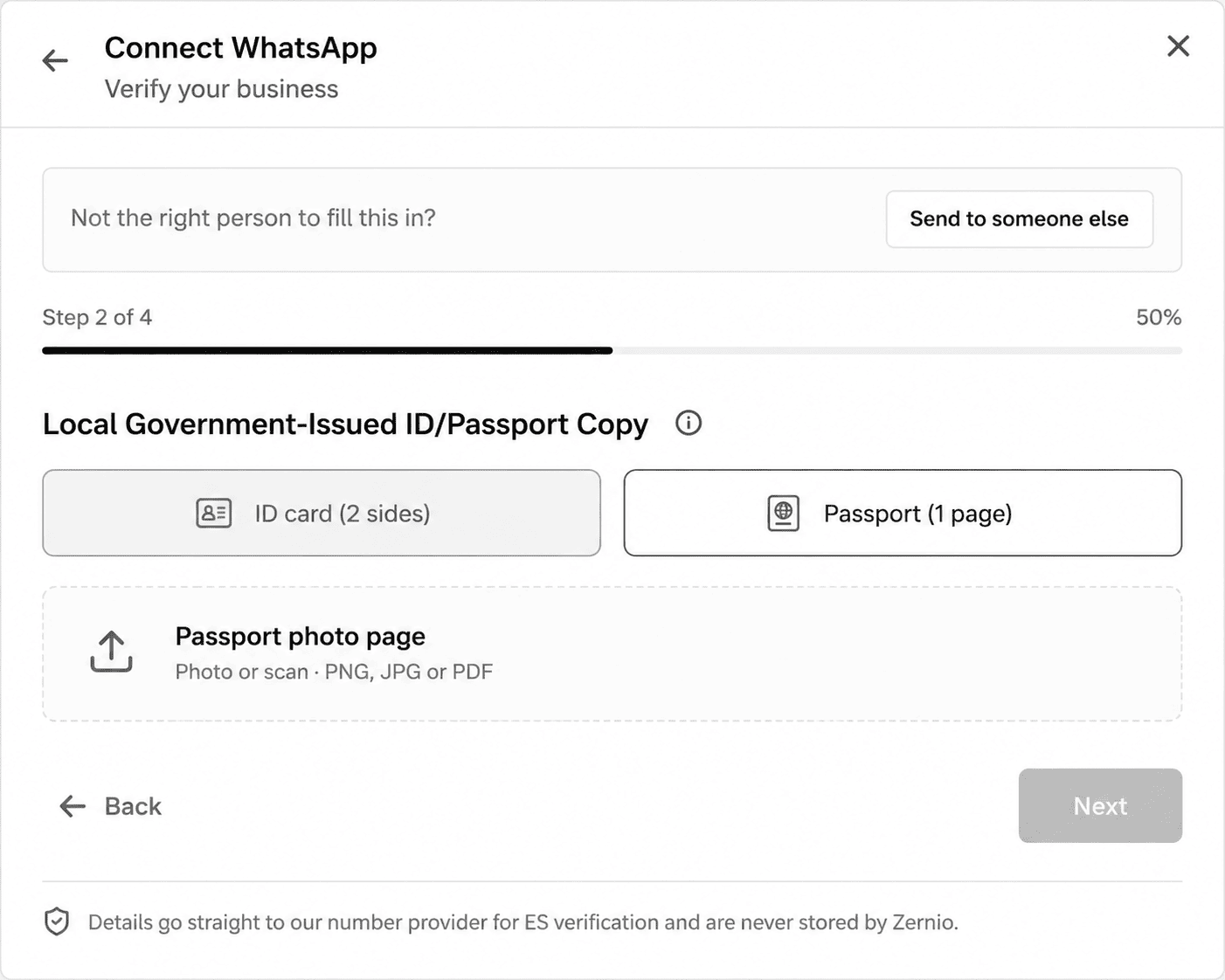 WhatsApp number verification KYC form showing Local Government-Issued ID or Passport Copy step
