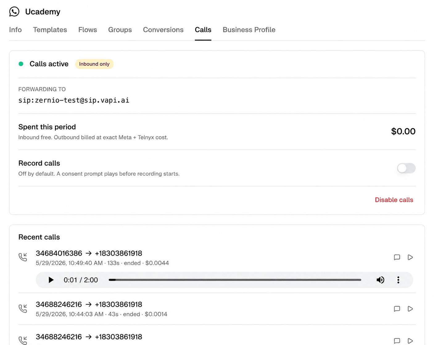 whatsapp call billing in zernio
