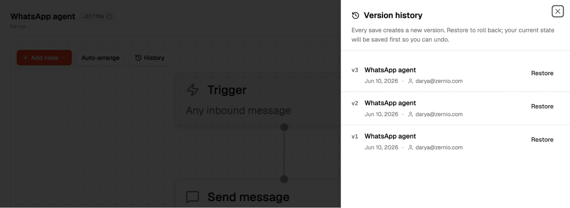 version history for whatsapp workflows
